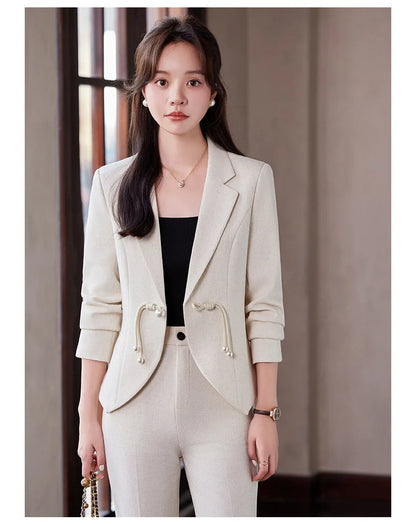 Elegant National Style Buckle Pants Suit  2024 Autumn New Professional Temperament Slim Blazer And Pants Office Ladies Work Wear
