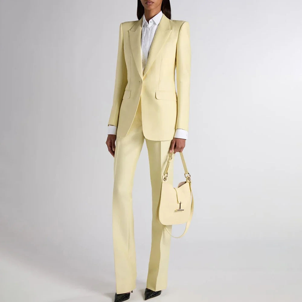 Exquisite Women Oatmeal Color Suit Straight Single Breasted Jacket Pants 2Piece Set Elegant Office Lady Outfit Formal Party Wear