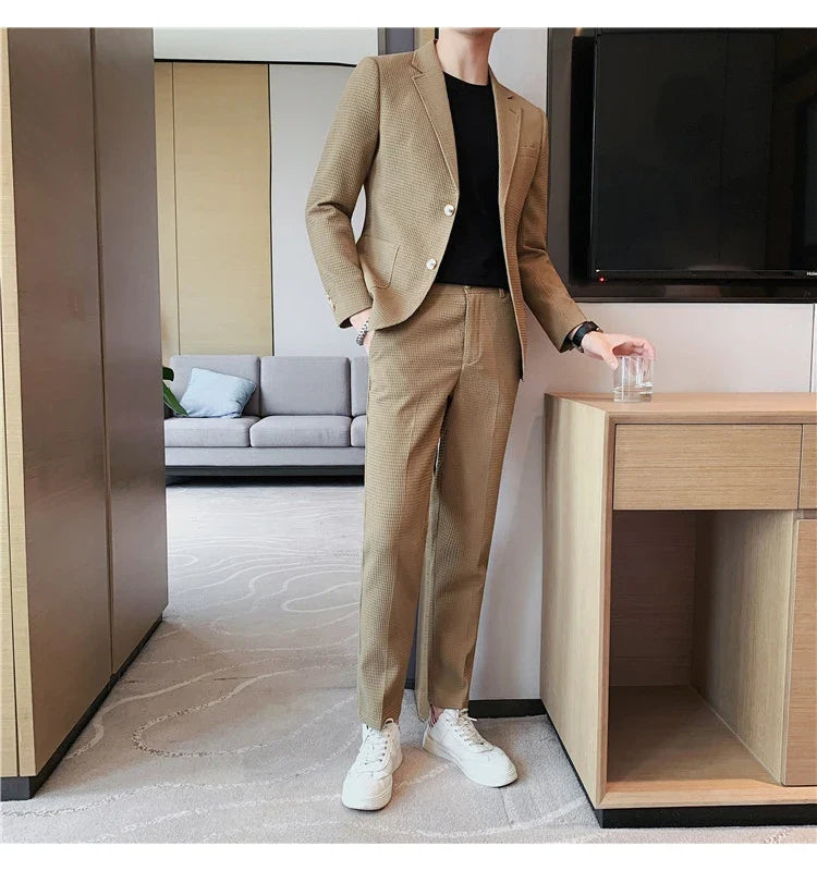 2025 New Waffle Blazers +Pant 2 Piece Set Men Fashion Business Slim Fit Solid Tuxedo Groom Wedding Prom Wear Casual Men's Sets
