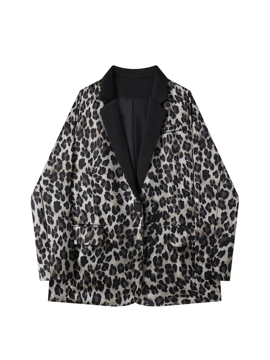 Women's Leopard Blazer Jacket Y2k Harajuku 2000s Vintage Long Sleeve Single Breasted Suit Coat Oversize Outerwear Autum Clothes