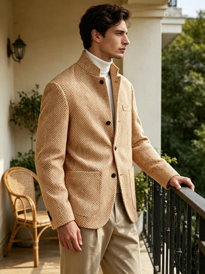 Men's Herringbone Tweed Stand Collar Blazer  Notch Lapel Slim Fit Wool Blend Sport Coat Business Casual Wedding Prom Man Jackets