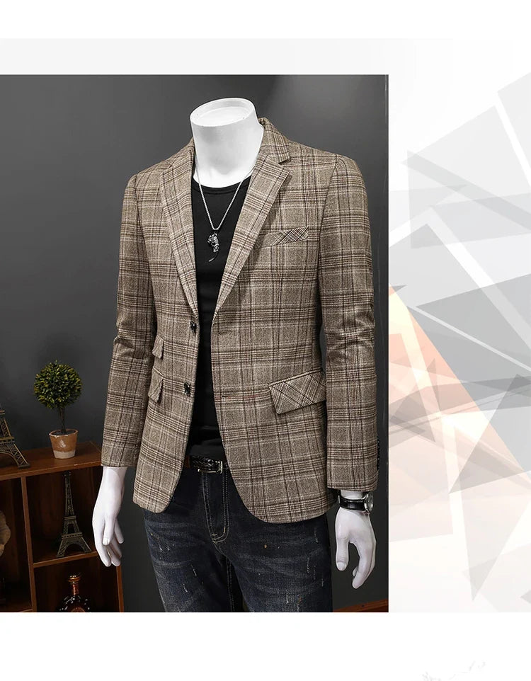 Top Quality Luxury Plaid Business Slim Fit Men Blazer Jacket 2024 Spring Autumn Casual Blazers For Men Elegant Dress Suit Jacket
