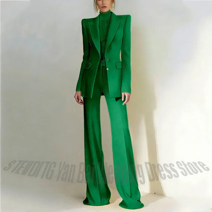 Women Pant Suit 2 Piece Set Office Female Business Work Formal Jacket Trouser One Button Chic Yellow Peaked Lapel Elegant Suit