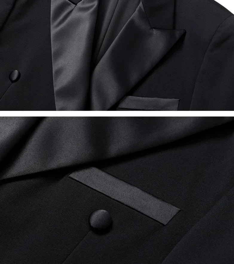 Patchwork Satin Double-breasted Designer Mens Black Blazer Hombre Elegant Groom Wedding Banquets Party Suits Jackets Coats 5XL