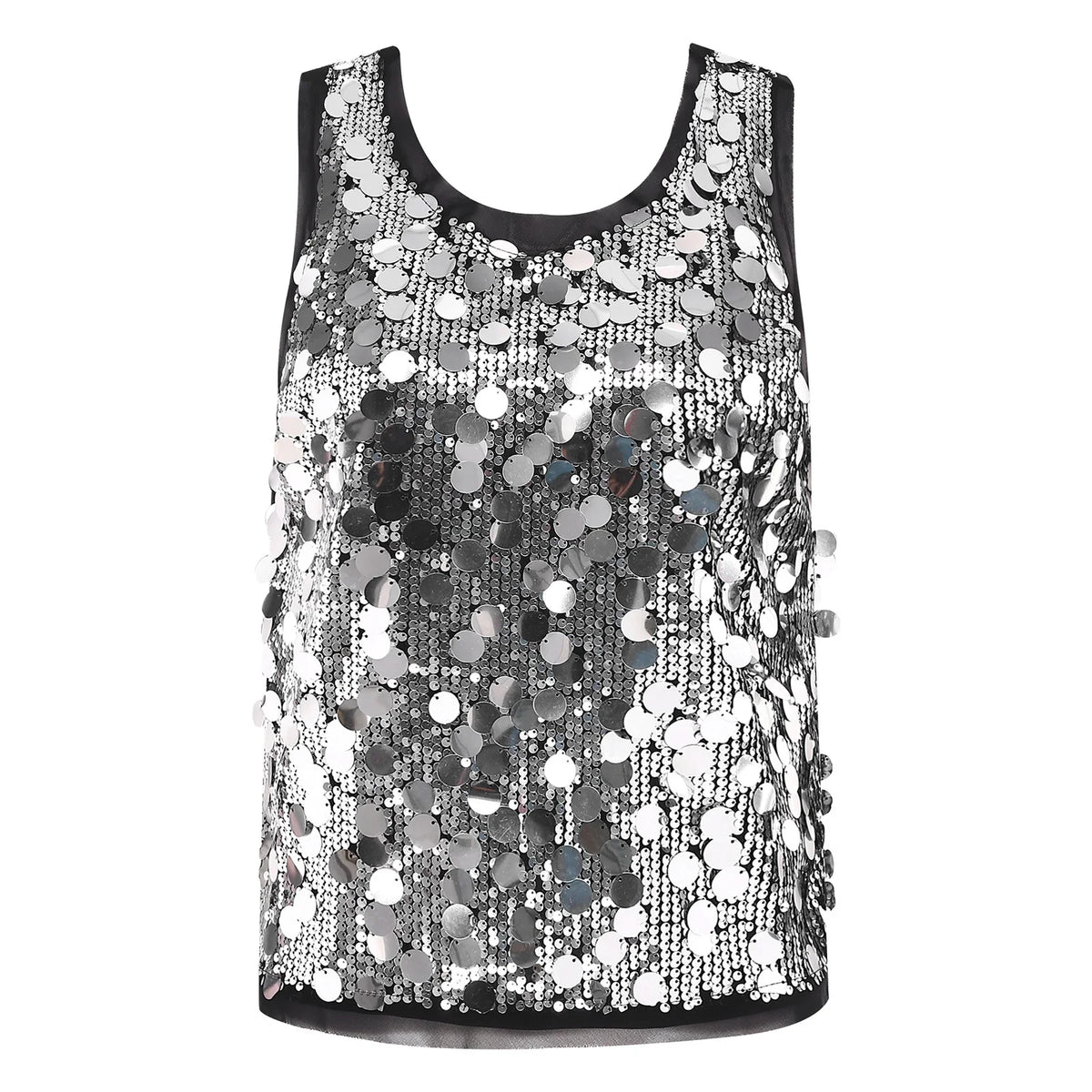Women's Sleeveless Top Sequins Loose Vest Disco Costume Tank Top Nightclub Fashion Streetwear Shiny Clubwear Rave Party Outfit
