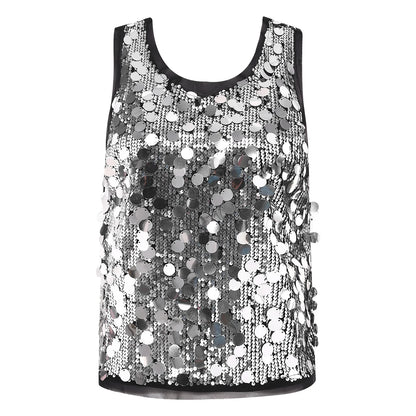 Women's Sleeveless Top Sequins Loose Vest Disco Costume Tank Top Nightclub Fashion Streetwear Shiny Clubwear Rave Party Outfit