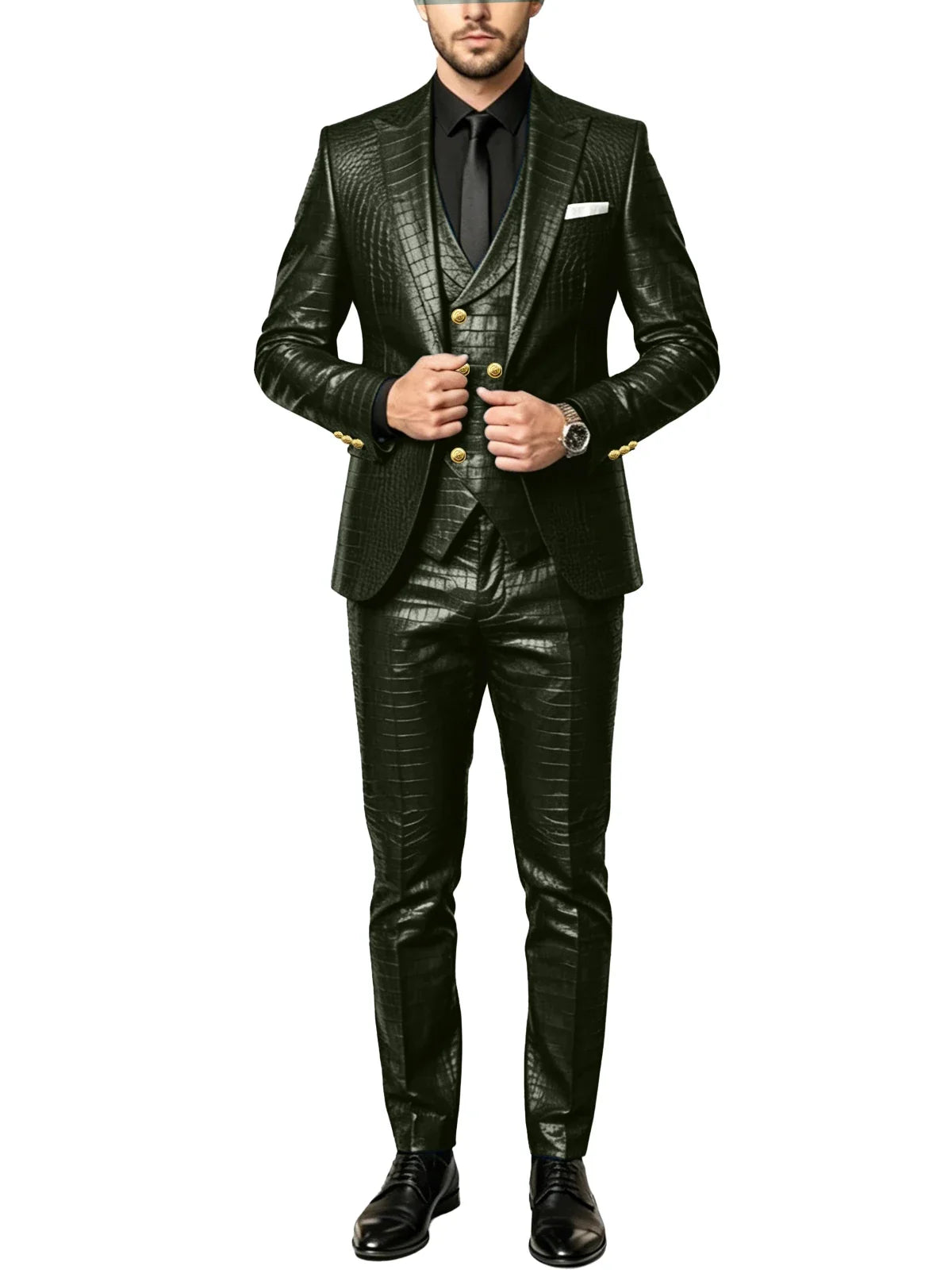 Men's 3 Piece Suit Crocodile Pattern Prime PU Leather Single Breasted Gold Buttons Slim Fit Wedding Dinner Party Formal Outfit ﻿