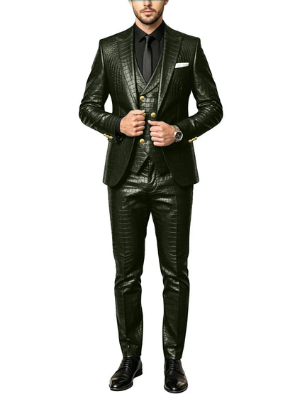 Men's 3 Piece Suit Crocodile Pattern Prime PU Leather Single Breasted Gold Buttons Slim Fit Wedding Dinner Party Formal Outfit ﻿