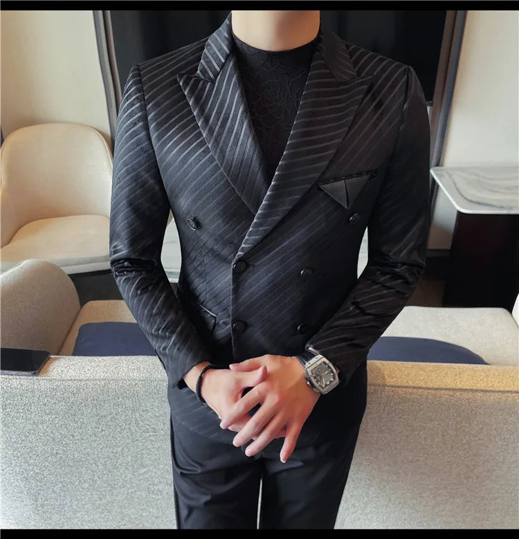 British Style Double Breasted Suit Jacket Men Striped Casual Business Blazers High Quality Wedding Social Banquet Dress Coats