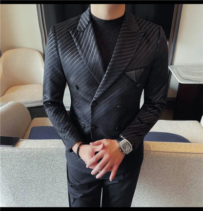 British Style Double Breasted Suit Jacket Men Striped Casual Business Blazers High Quality Wedding Social Banquet Dress Coats