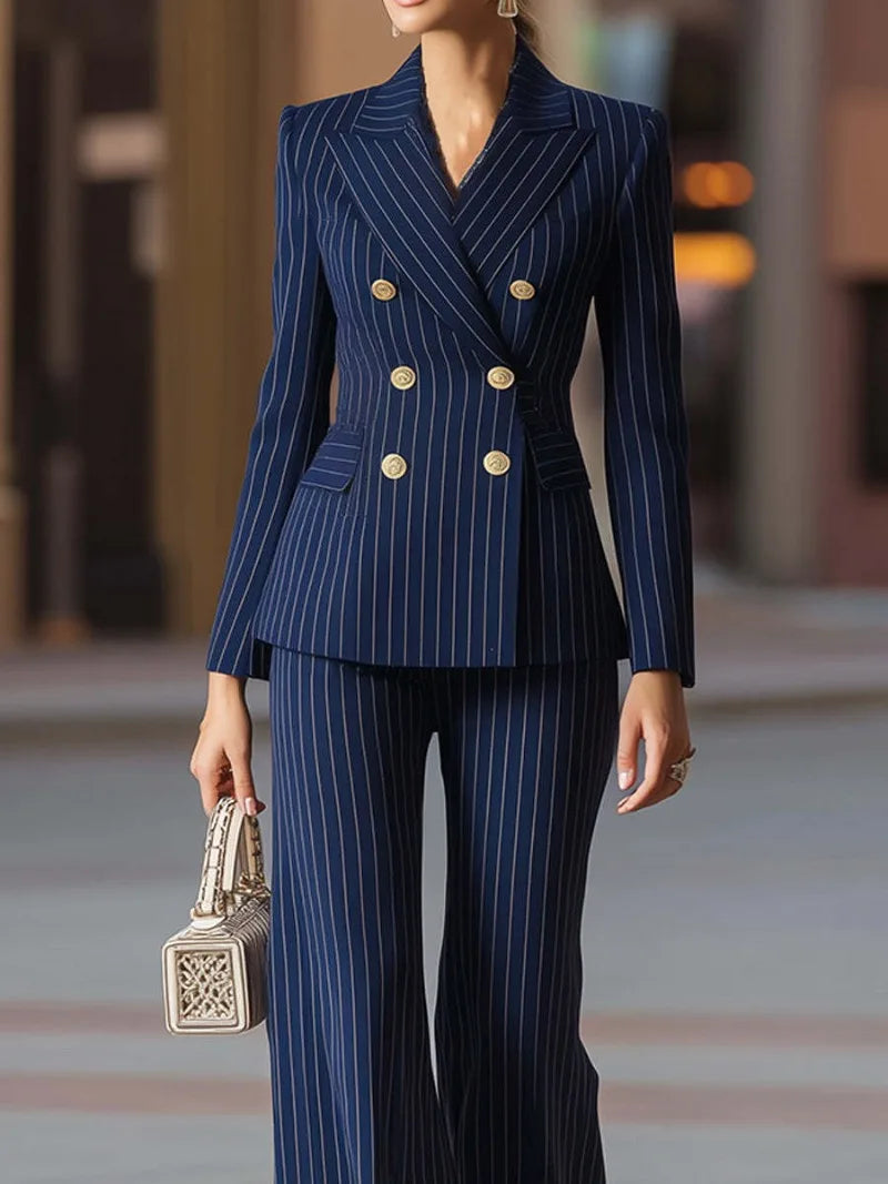Autumn Pant Suit Women Striped Female Business Work Wear Jacket Blazer Trouser Formal 2 Piece Set Women's Clothing