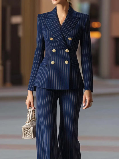 Autumn Pant Suit Women Striped Female Business Work Wear Jacket Blazer Trouser Formal 2 Piece Set Women's Clothing