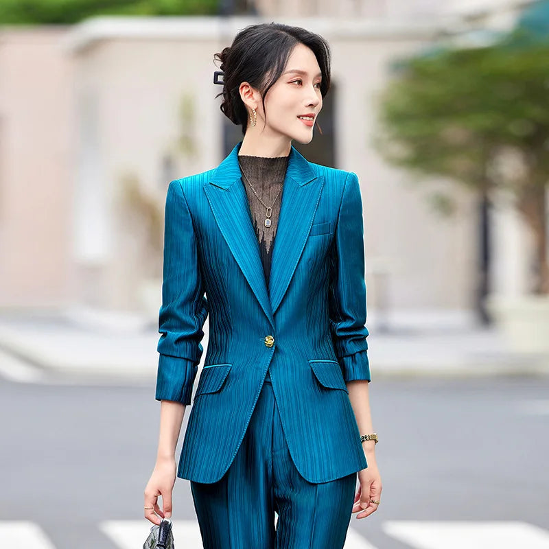 Professional Women's Suit2024New Autumn Green Striped Acetate Suit Workwear Elegant High-end Workplace Formal Wear