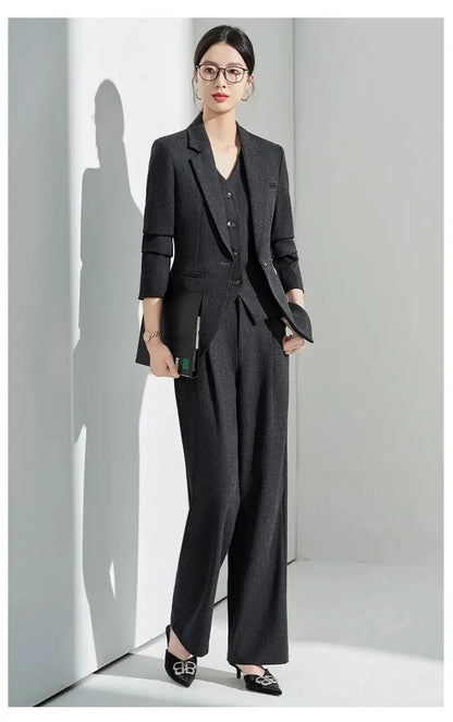 Formal Office Lady Slim Fit 2 Piece Suits Autumn Dark Brown Single Button Blazer And Pants Elegant Business Female Work Wear