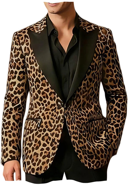 Men's Leopard Print Tuxedo Blazer Satin Lapel Slim Fit One Button Suit Jacket Party Club Stage Wedding Dinner Formal Coat