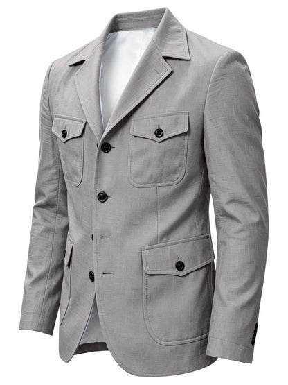 Men's Linen Safari Blazer Four Flap Pockets Slim Soft Jacket Casual Business Coat For Street Outdoor Vacation Party Daily Travel