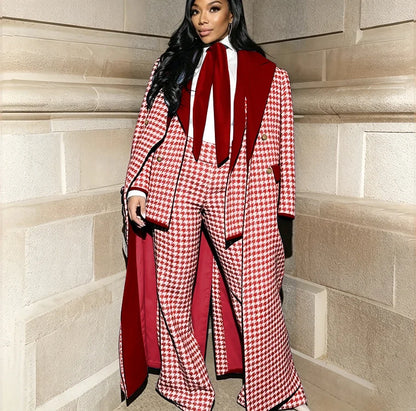 Luxury Houndstooth Women's Jacket+Pants Set Red Stylish Double Breasted Overcoat Formal 3 Pieces Female Evening Party Outfit