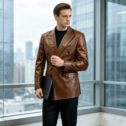 Vintage Men's Brown Leather Blazer Double Breasted Peak Lapel Slim Fit Suit Jacket High Quality Fashion Sport Coat Business Casu