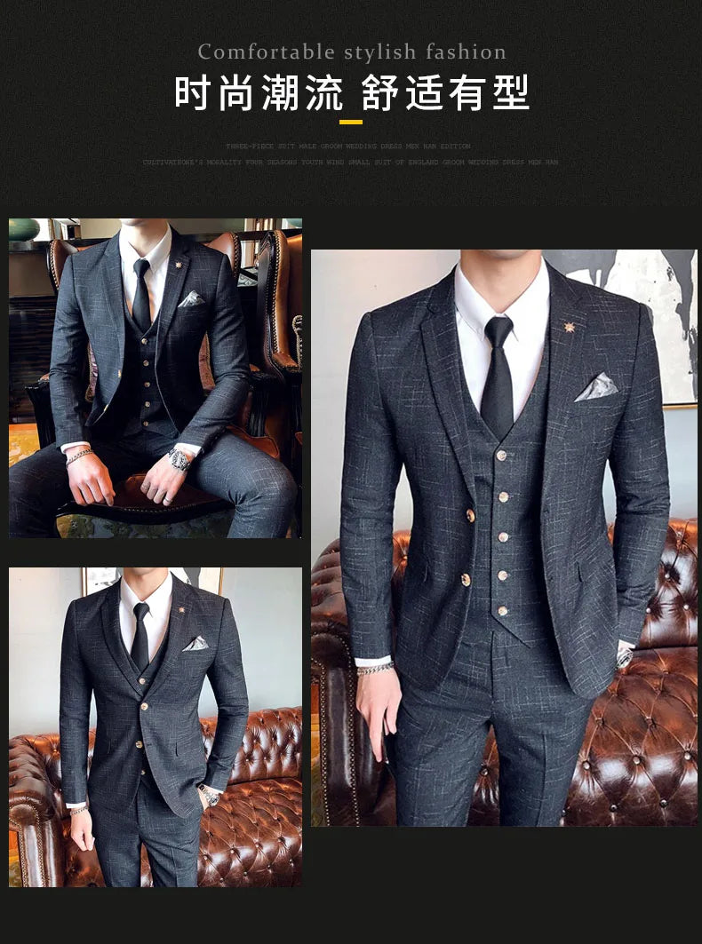 Men's 3-Piece Formal Suit Slim Fit Blazer Vest Pants for Wedding Business Smart Casual