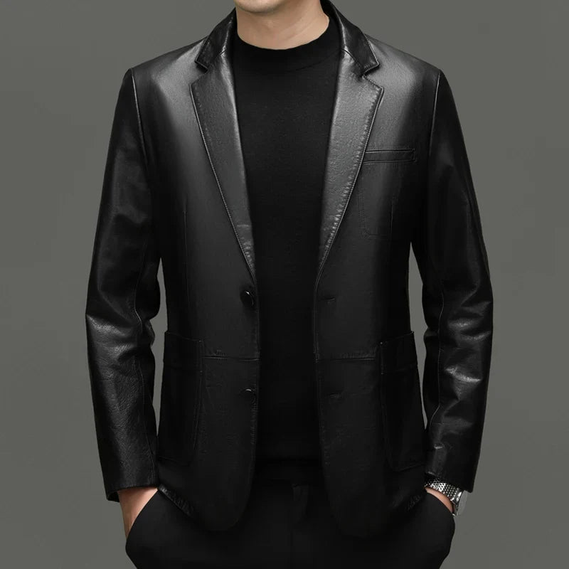 Men's Leather Jacket – Top-Grain Cowhide Business Casual Outerwear – Black