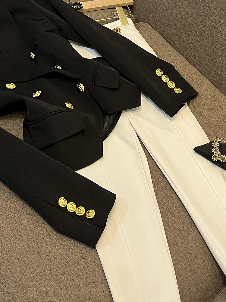 Business Commute Style Women's Long Sleeve Double-Breasted Suit Slim Fit Waist-Cinching Outerwear Fashion D9986
