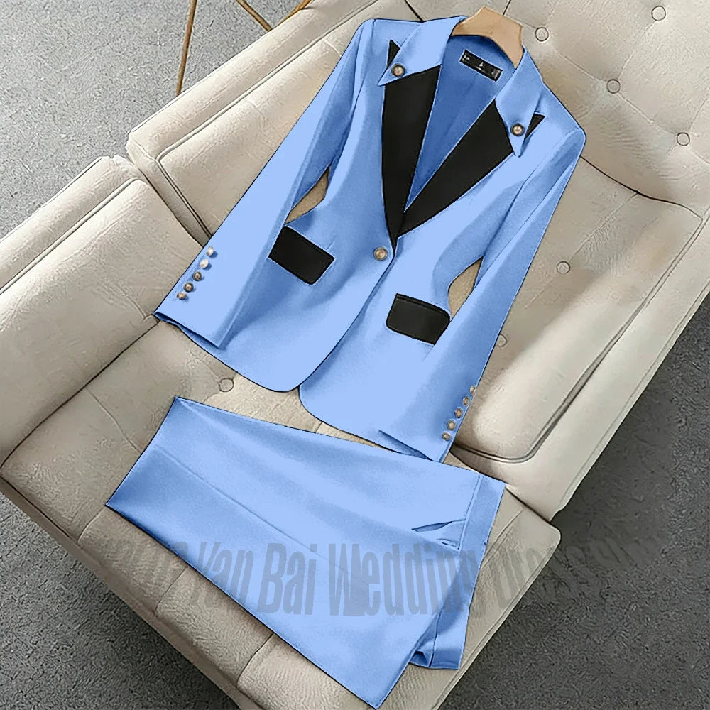 New Unique Women Pant Suit Contrast Color Modern Outfit One-Button Peaked Lapel Casual Fashion Daily Female Clothes Set 2 Piece