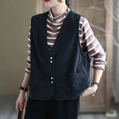 Korean Ladies Solid Color Casual Sleeveless Jacket Autumn Women V-neck Loose Waistcoat Coat Spring Female Fashion Vest Outwear