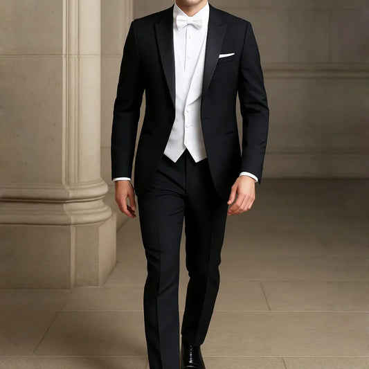 Men Suit 3 Piece With Lapel Single Button Slim For Wedding Banquet Birthday Party Business Casual Black Jacket Pants White Vest