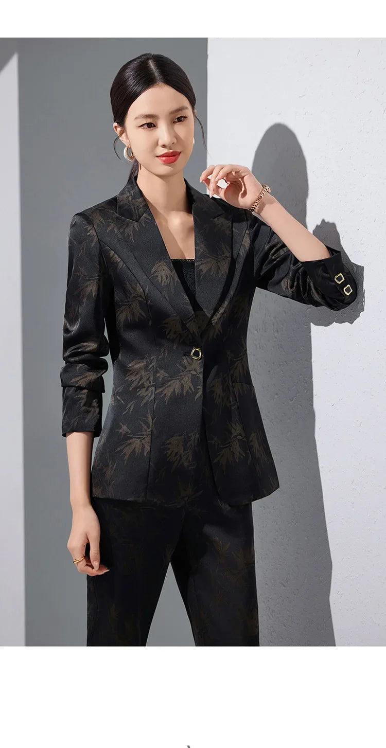 Two-Piece Leaf Print Blazer Pantsuits Set for Women Office Ladies Business Single Buttons Formal Spring Autumn Trousers Suit
