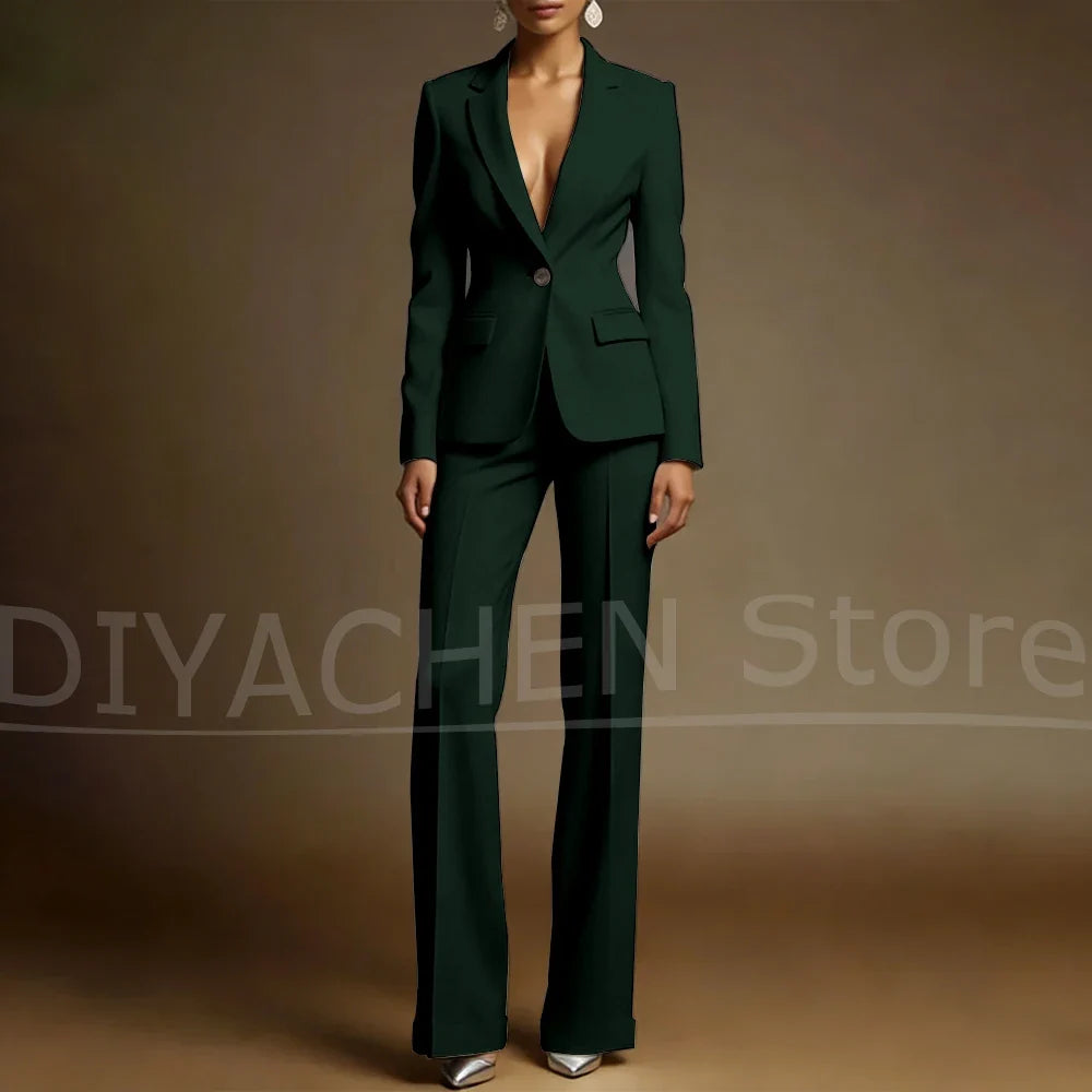 Women's White Suit Set Slim Fit Two Piece Jacket and Wide Leg Pants Office Casual Formal Occasions Elegant Female Outfit