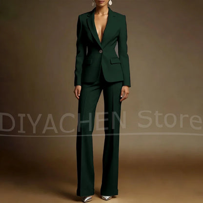 Women's White Suit Set Slim Fit Two Piece Jacket and Wide Leg Pants Office Casual Formal Occasions Elegant Female Outfit