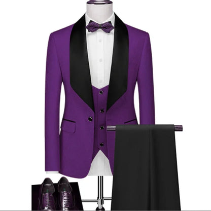 Men wedding Suits Pattern and Black Groom Tuxedos Shawl Satin Lapel Groomsmen Wedding Best Man ( Jacket+Pants+Vest)