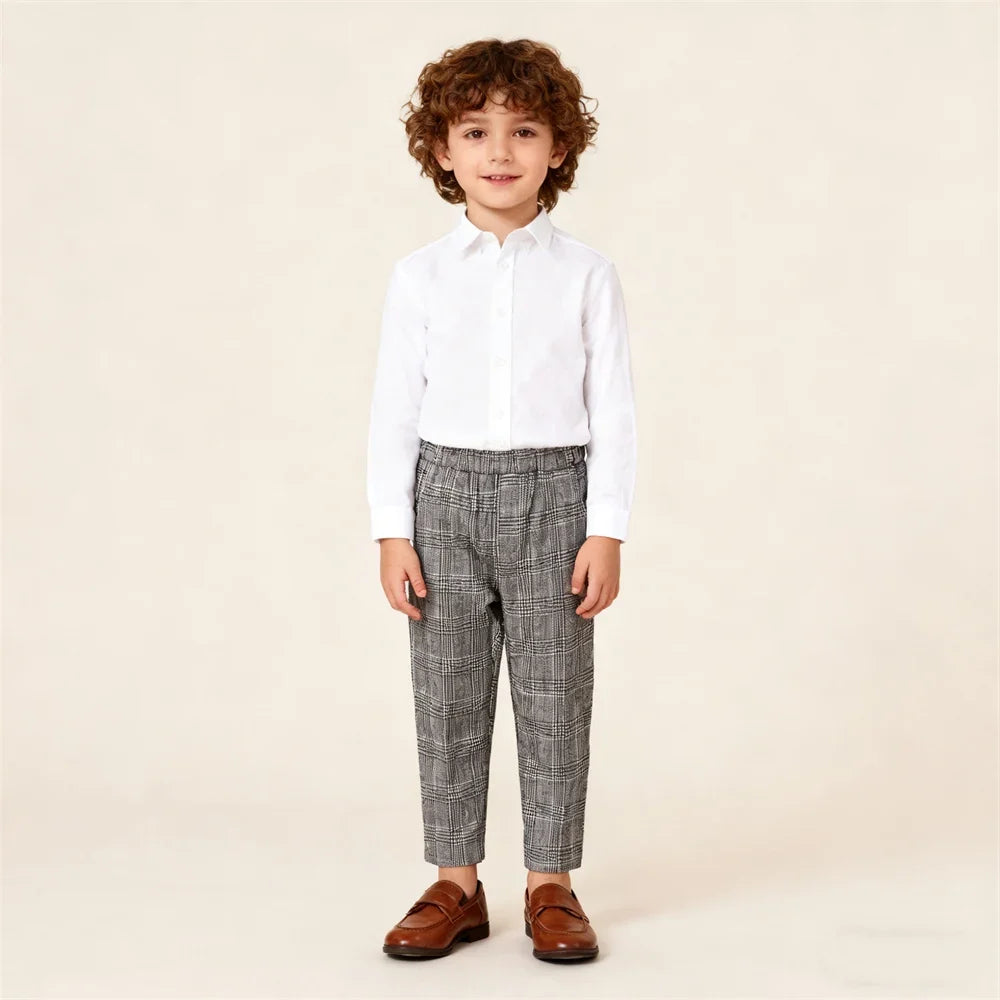 Kids Suit Trousers Plaid Elastic Waist Smart Casual Pants for Boys and Girls