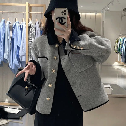 Women's Slim Fit Blazer Autumn Mid-Length Lapel Coat Contrast Cuff Detail Elegant Office & Commute Outerwear