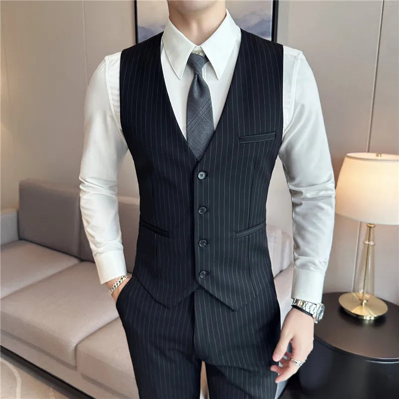 (Jacket + Vest + Pants)Three Piece Set Men Blazers Set stripe Suits Busines Casual Slim Fit Formal Dress Groom Tuxedo Wedding
