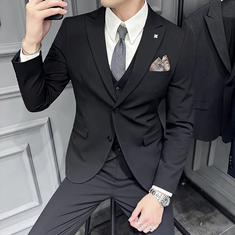 Men's 3 Piece Suit Set Double‑Button Slim Fit Solid Color Business Casual Wedding Party Jacket Vest Pants Formal Outfit for Men
