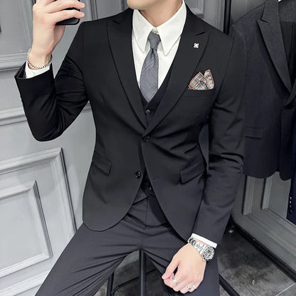 Men's 3 Piece Suit Set Double‑Button Slim Fit Solid Color Business Casual Wedding Party Jacket Vest Pants Formal Outfit for Men