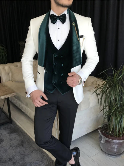 High Quality Velvet Collar Suit Set 3 Pieces,Stylish Regular Fit Men's Suits,Customized Shawl Lapel Tuxedo For Men Prom Wear