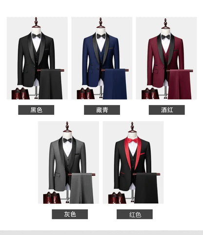 Men's black 3-piece slim fit elegant formal casual 3-piece set jacket vest pants business wedding dance regular sports jacket