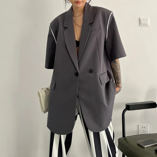 2025 Summer New Women Blazer Notched Collar Short Sleeved Double Breasted Contrast Color Fashion High-End Thin Coat HK13505