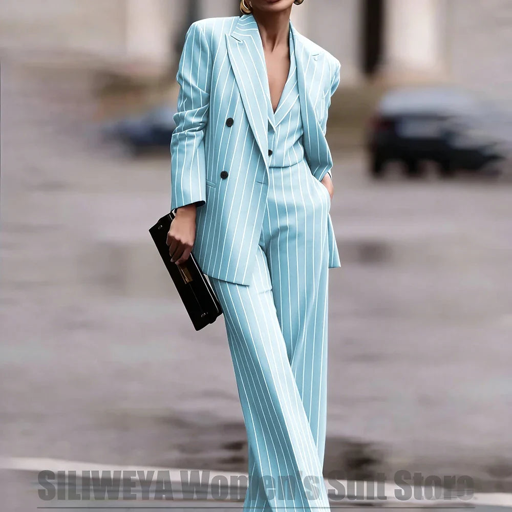 Navy Women's Striped 3 Piece Suit Double Breasted Blazer Vest Wide-Leg Pants Set Fashion Formal Party Office Casual Outfit