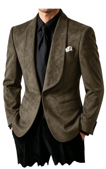 Luxury Men's Faux Suede Blazer Shawl Lapel 1 Button Slim Fit Tuxedo Jacket Business Casual For Wedding Party Prom Suit Coat