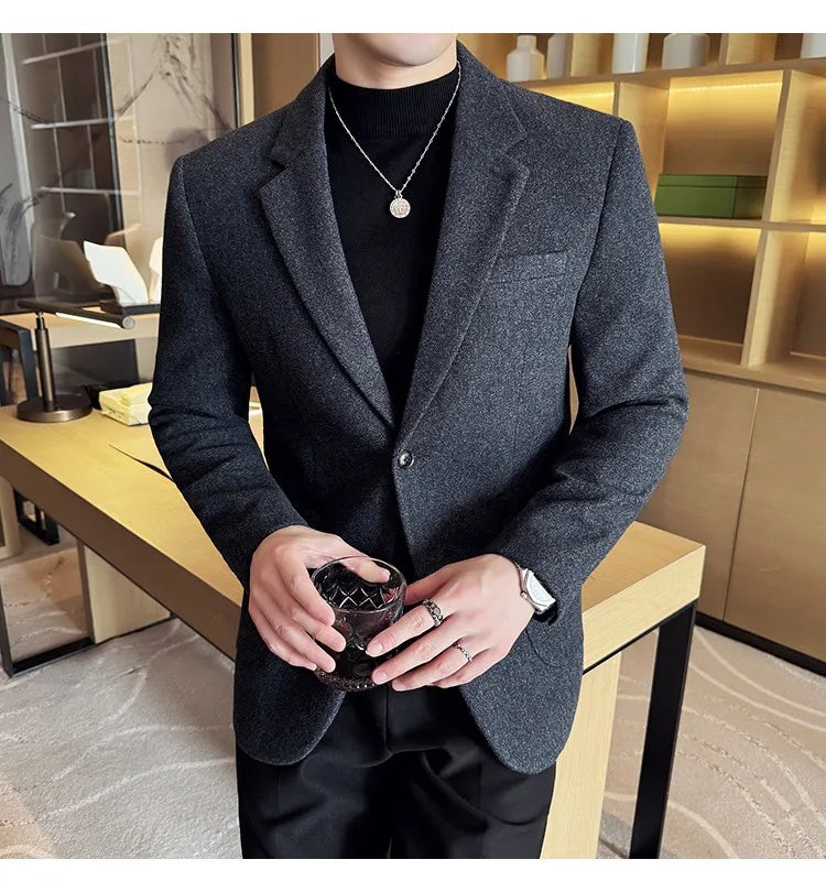 High Qualitys Thickened Wool Suit Jacket Autumn Winter New Luxury Solid Color Formal Men Business Slim Fit Social Party Tuxedo