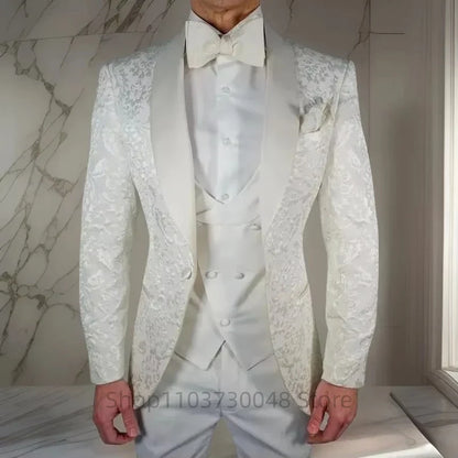 High Quality Men Wedding Jacquard Suits Fashion Male Business Social Dance Party Dress Shawl Lapel Blazers Pants with Vest