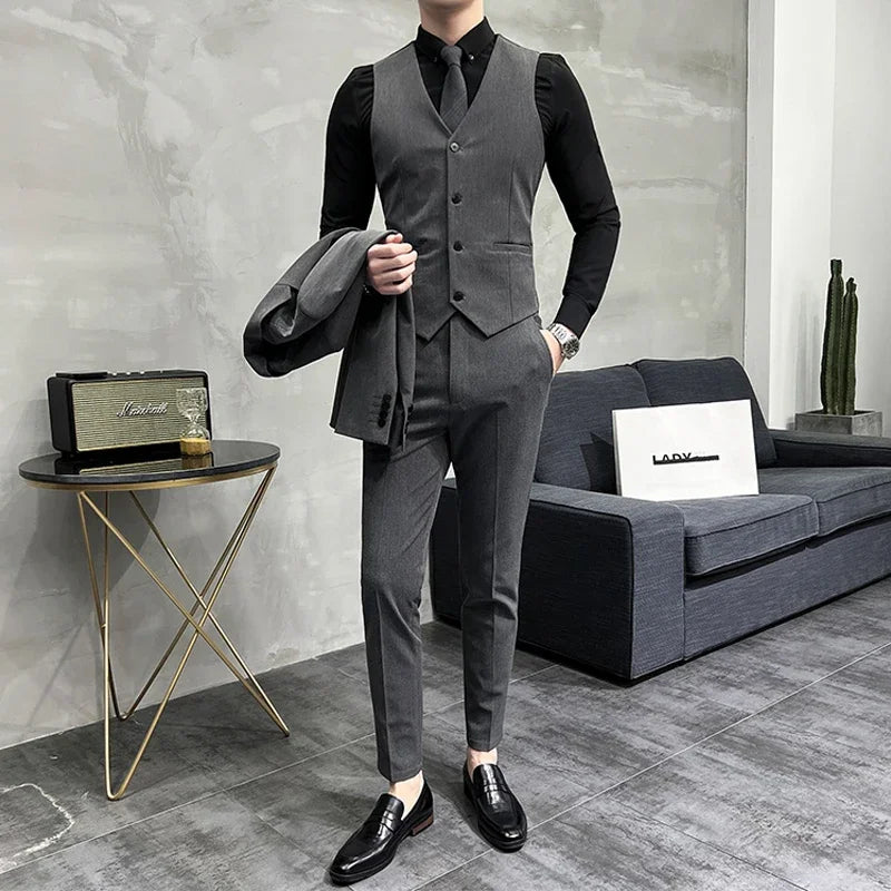 Men's Slim Fit 3-Piece Suit – Solid Color, Smart Casual & Wedding
