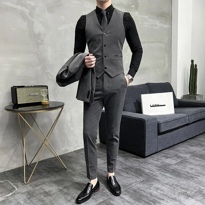 Men's Slim Fit 3-Piece Suit – Solid Color, Smart Casual & Wedding