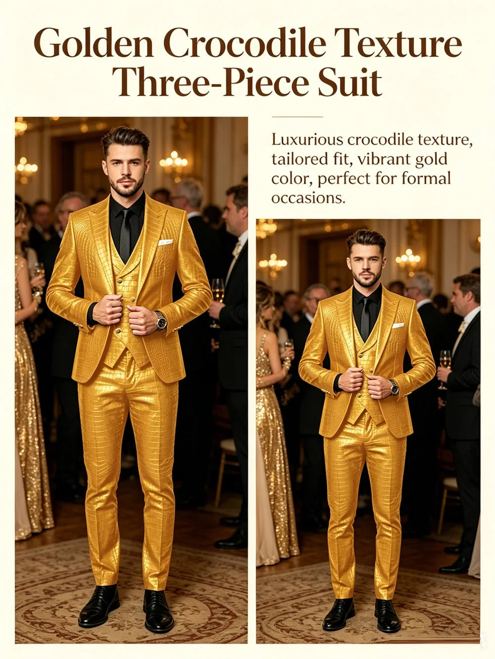 Men's 3 Piece Suit Crocodile Pattern Prime PU Leather Single Breasted Gold Buttons Slim Fit Wedding Dinner Party Formal Outfit ﻿
