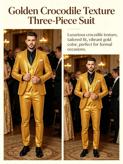 Men's 3 Piece Suit Crocodile Pattern Prime PU Leather Single Breasted Gold Buttons Slim Fit Wedding Dinner Party Formal Outfit ﻿