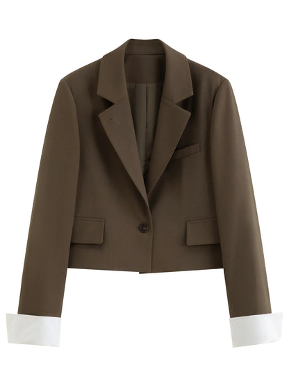 FSLE 2026 Fall Women's Korean-Inspired Petite Cropped Camel Acetate Lyocell Blend Blazer - Chic Office Commute Outerwear