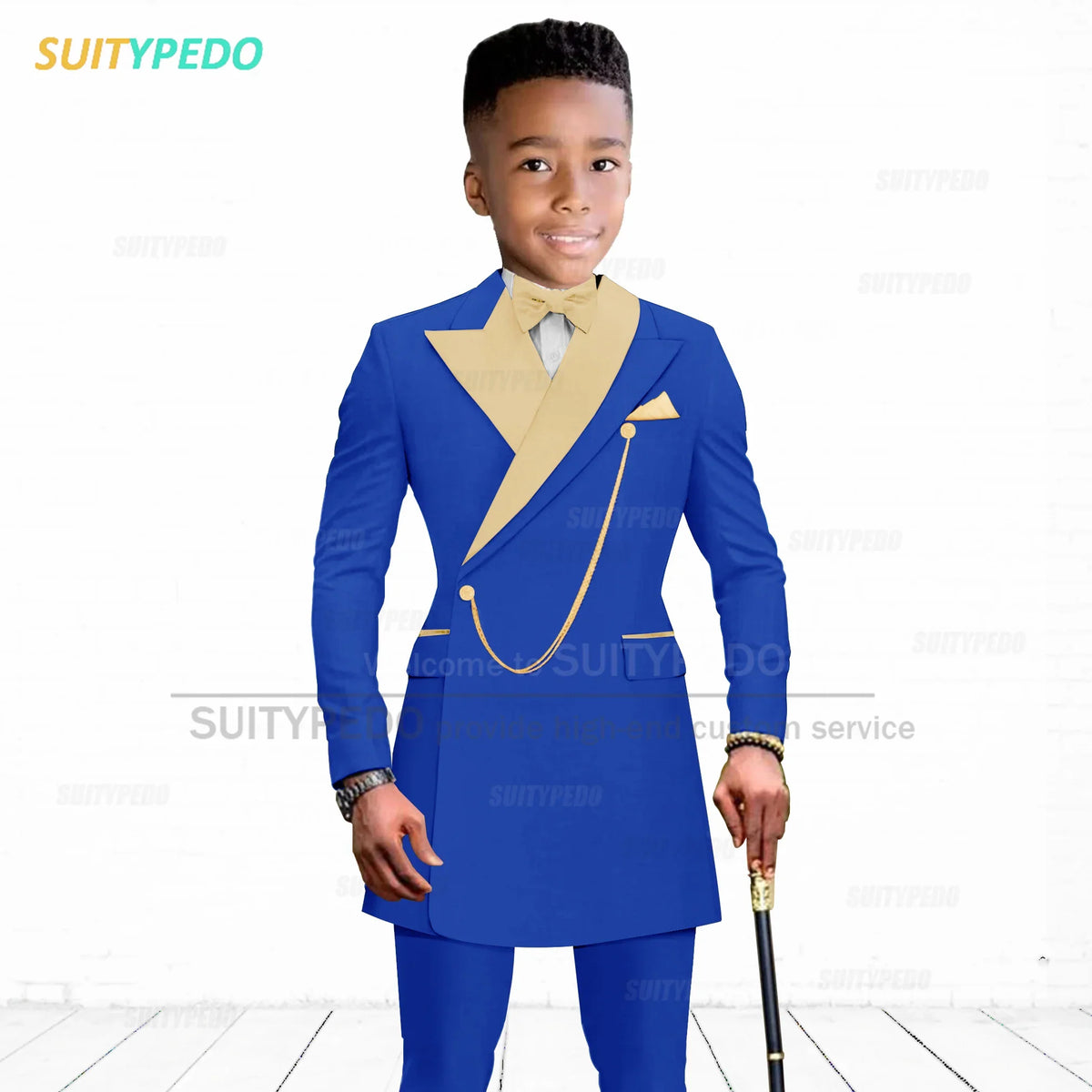 Brief Kids Suit Set  Formal Evening Prom Boys Stylish Gold Lapel Blazer And Pants Two Pieces Children Baptism Formal Costumes